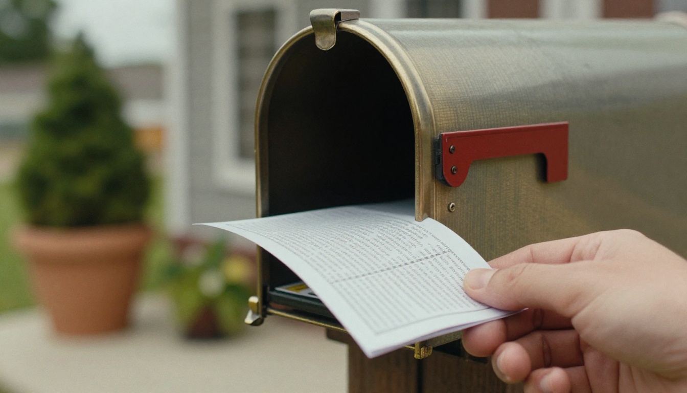 Hand pulling a thick printed catalog from a mailbox
