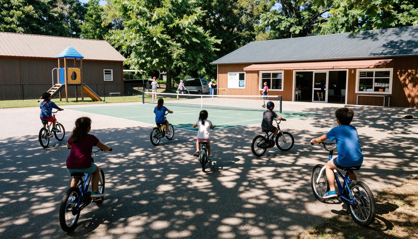 Kids riding bikes past a campground playground and camp store