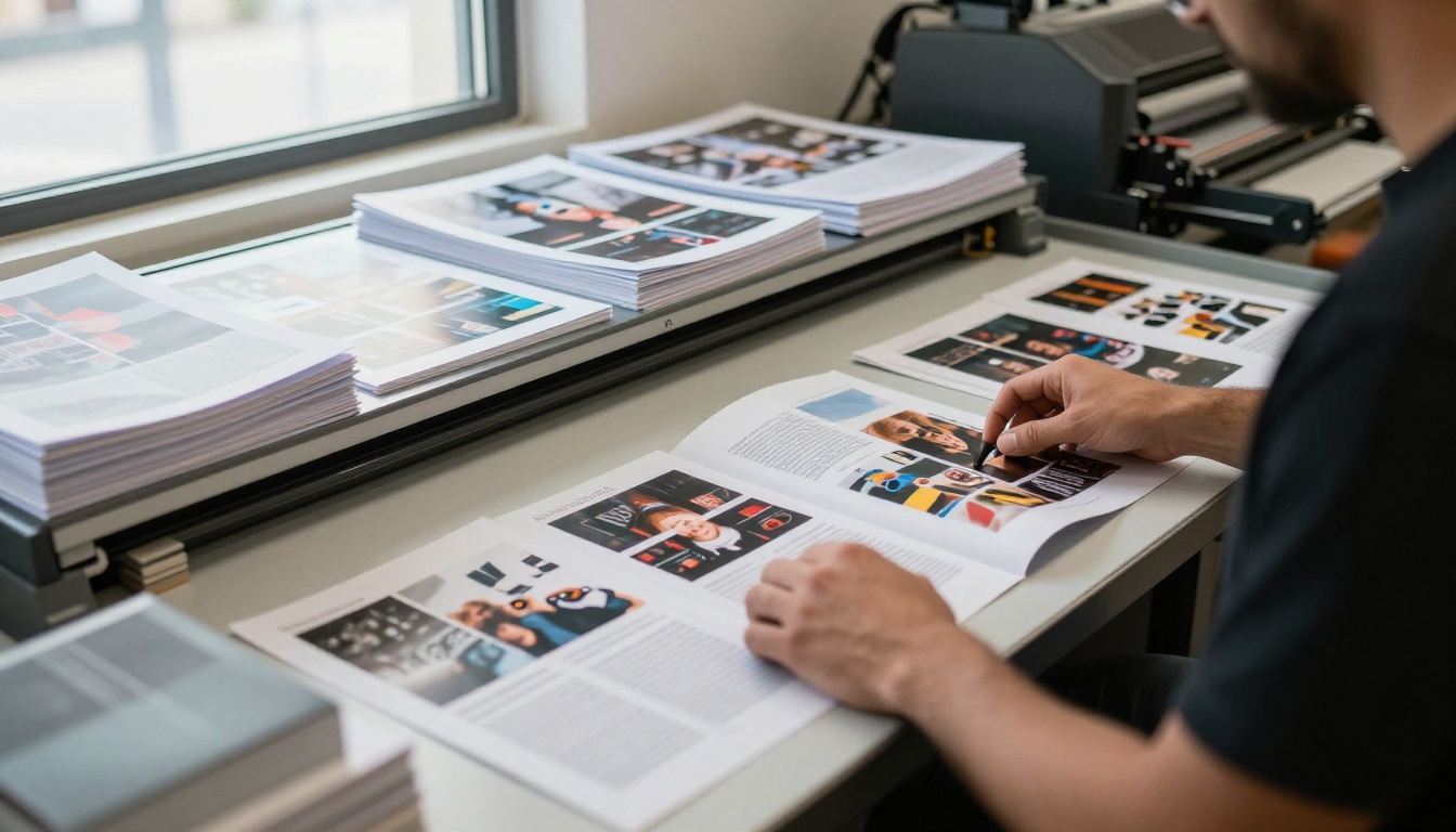 Print shop designer inspecting freshly printed catalog spreads