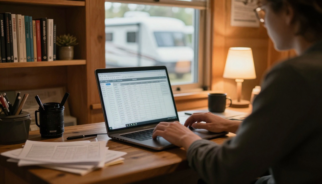 Campground owner working at a desk with a booking calendar