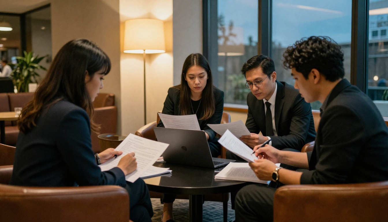 Rights colleagues reviewing meeting notes in a hotel lounge in the evening Rights colleagues reviewing meeting notes in a hotel lounge in the evening