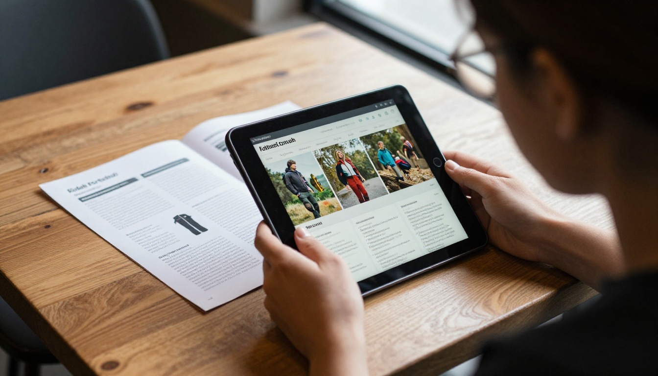 Woman viewing a digital flipbook catalog next to a printed version