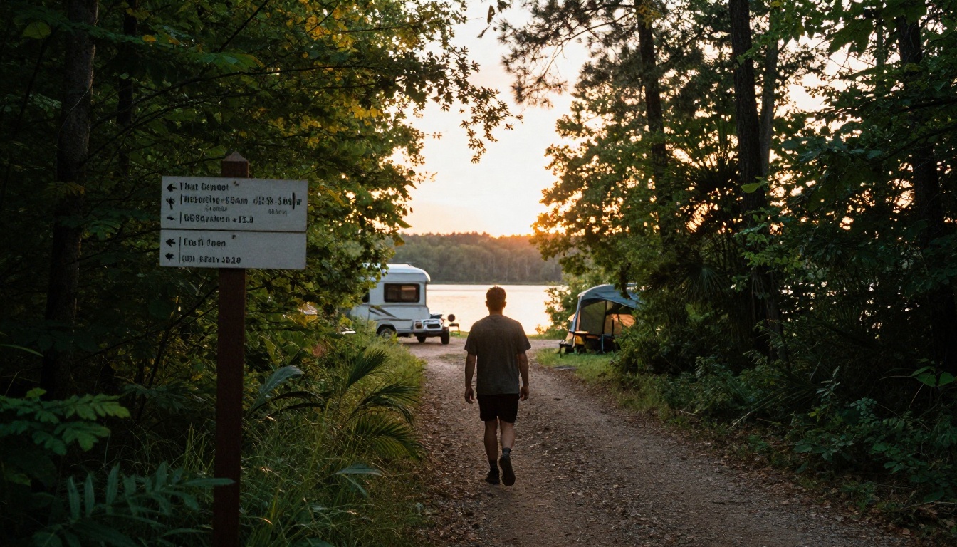 Camper walking a forest trail toward a lake at sunset