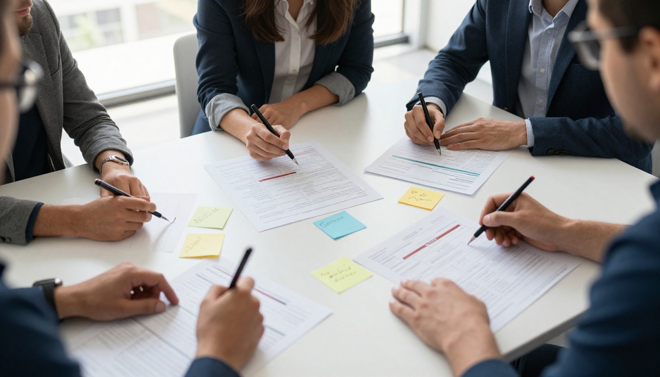 Team comparing three catalog layouts on a meeting table