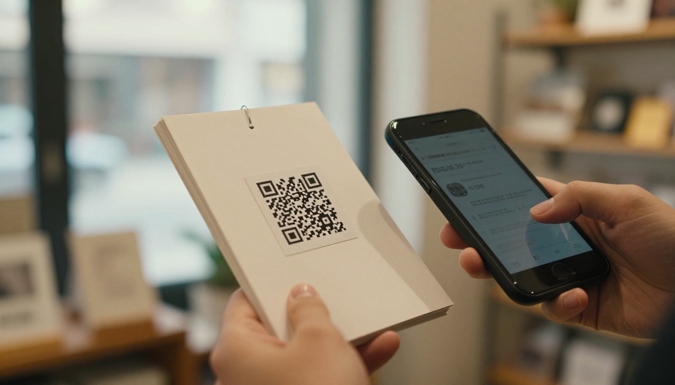 Hand scanning a QR code on a printed catalog with a smartphone