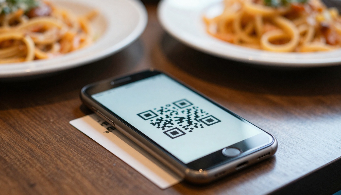 A diner scanning a QR code on a table card
