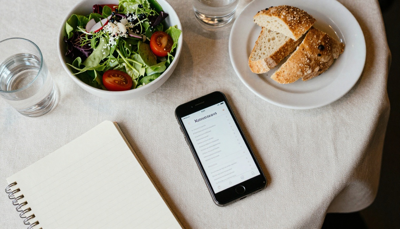 Top-down view of a phone showing a digital menu on a restaurant table