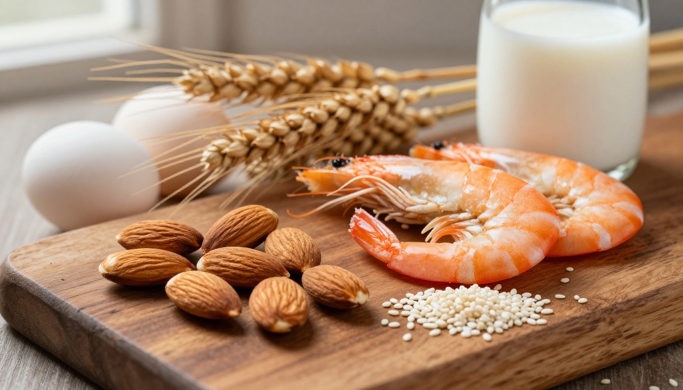 Fresh ingredients including nuts, eggs, wheat, milk and shrimp on a wooden board