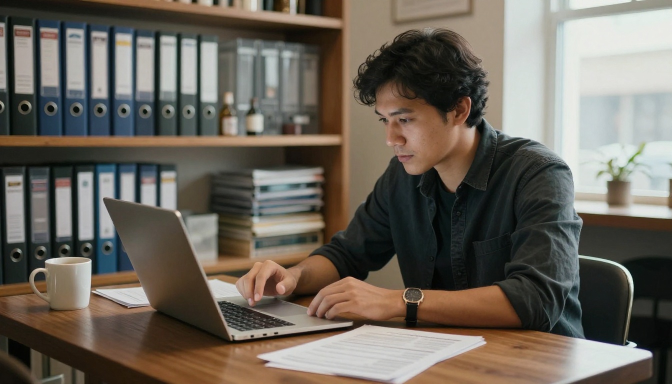 A restaurant manager editing a menu on a laptop