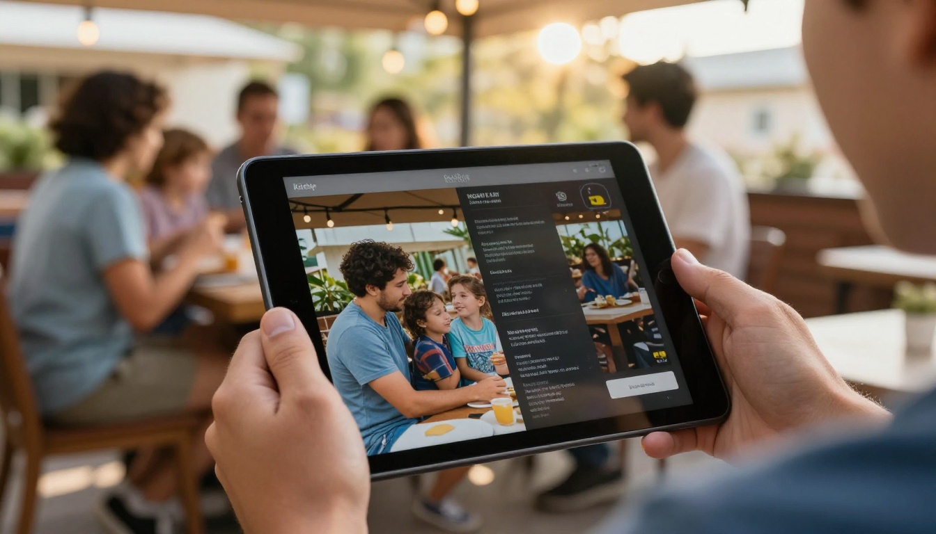 A tablet showing a menu on a restaurant terrace
