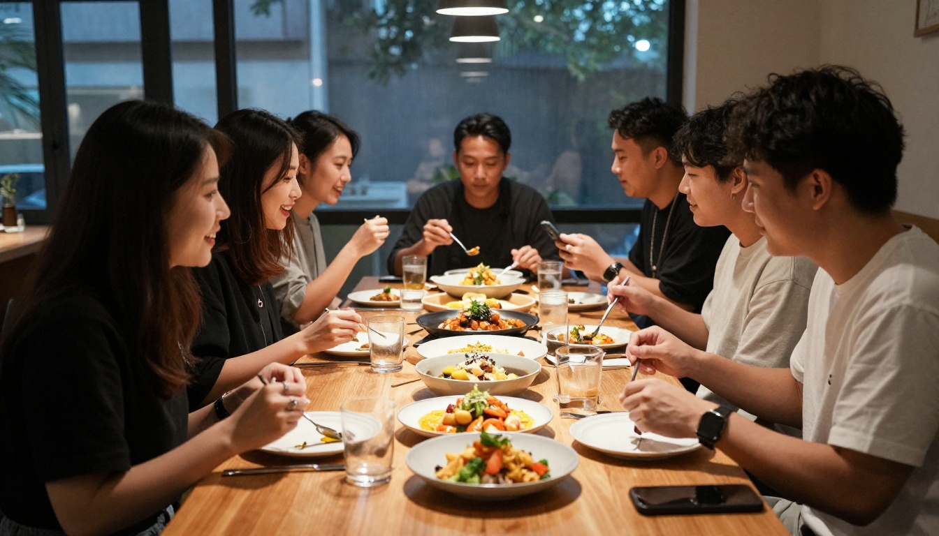 Friends dining together and checking a menu on a phone