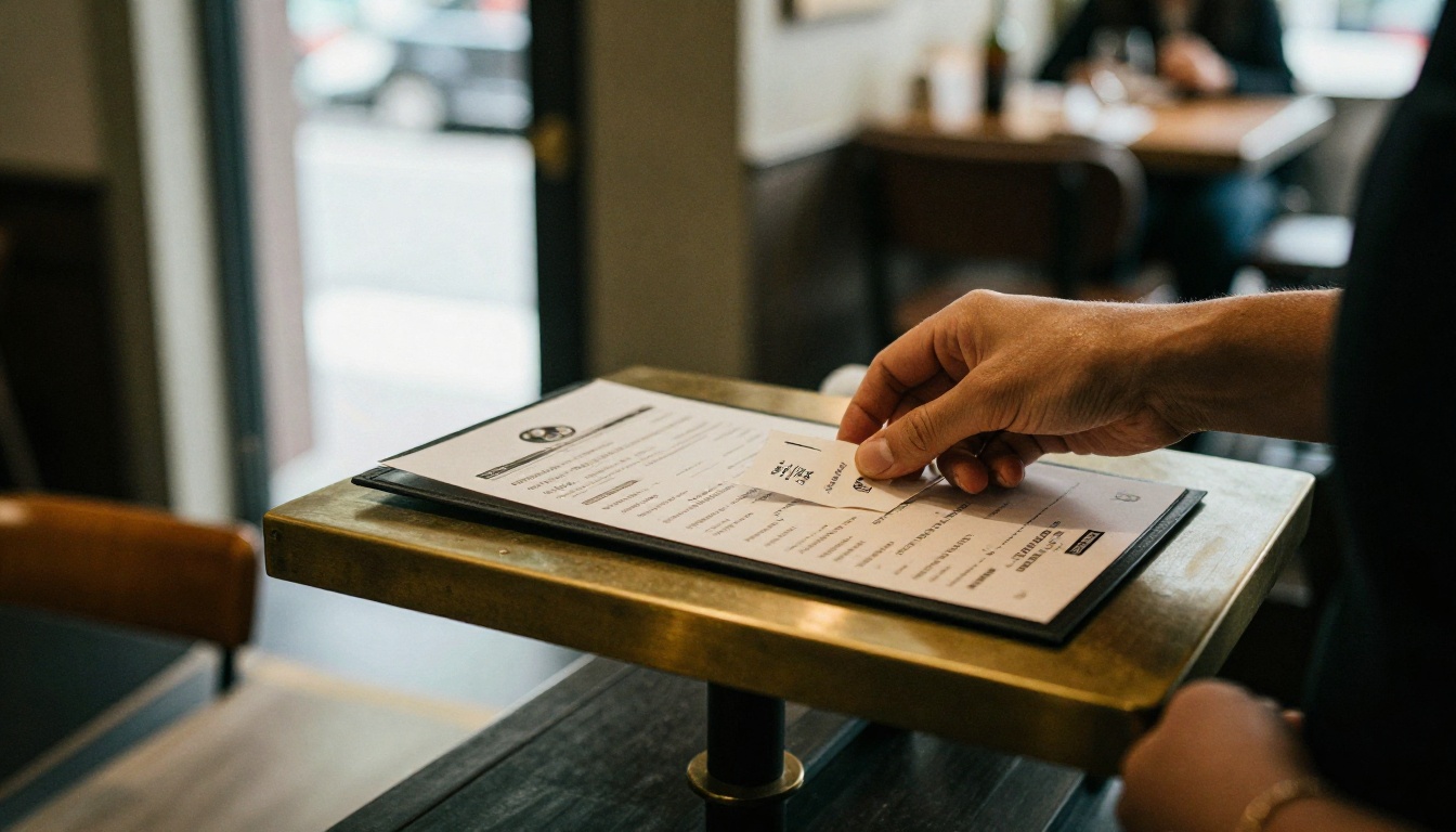 A hostess placing a menu card at the entrance podium