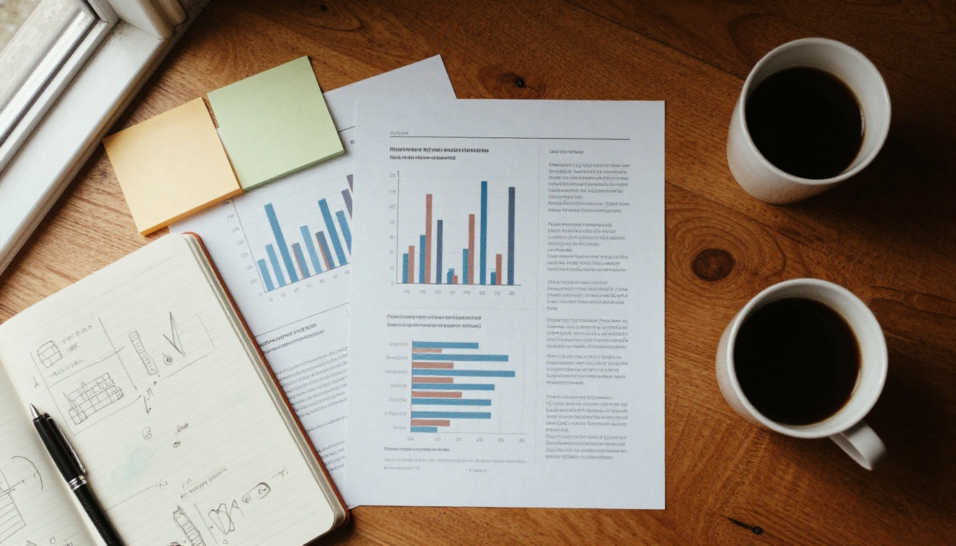Overhead view of a desk with a research report, printed charts and notes for drafting a brief
