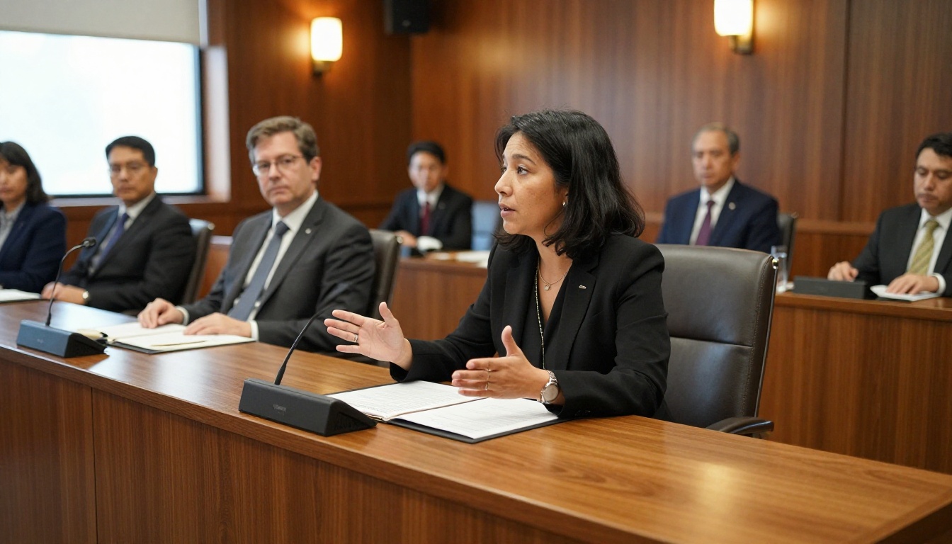 Policy expert presenting a printed brief to a small panel in a wood paneled committee room