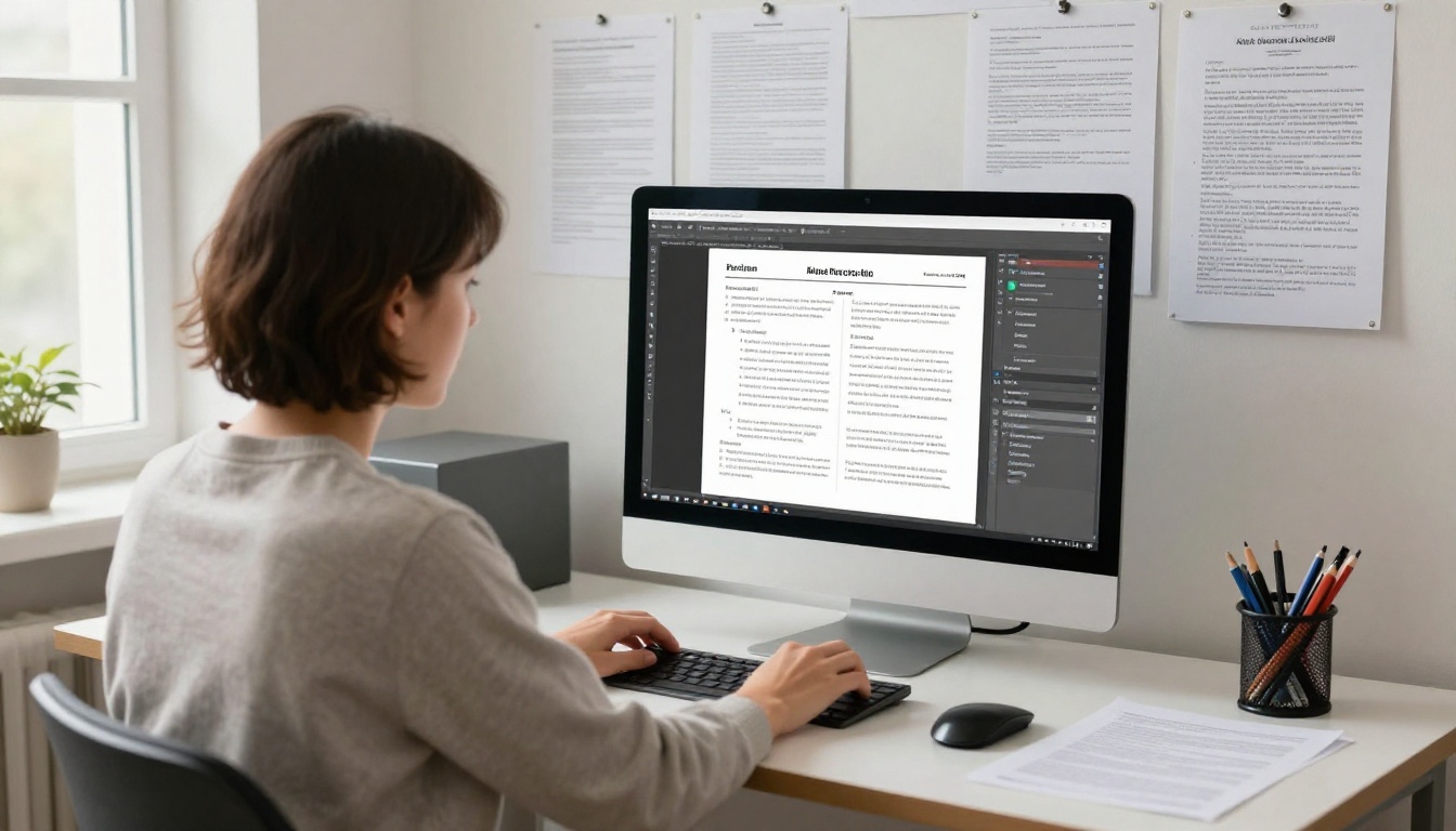 Graphic designer arranging a report layout on a monitor with page proofs pinned behind