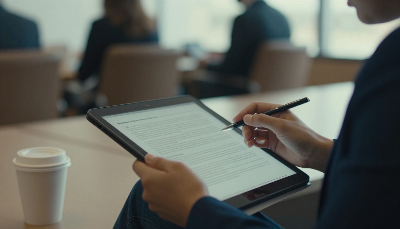 A researcher in a navy blazer reading a conference abstract on a tablet in a lobby