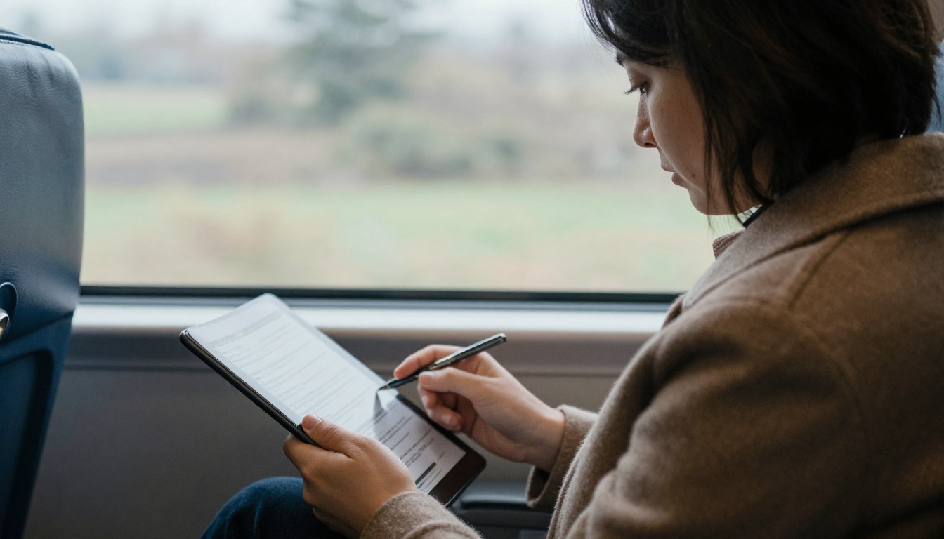 Policymaker reading a report on a tablet on a train with countryside passing outside