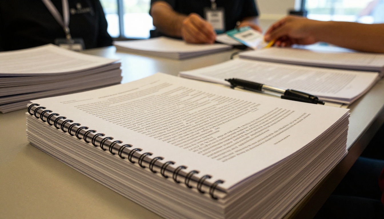 A stack of printed abstract books on a registration desk