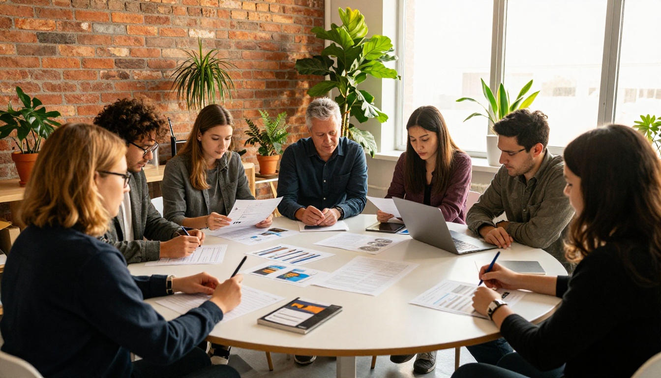 Nonprofit team reviewing printed charts and an annual report around a round table