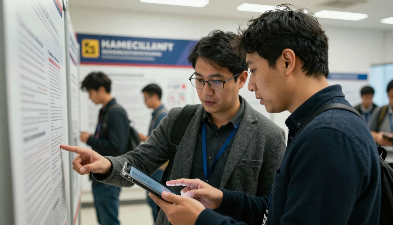 Two academics discussing an abstract on a tablet in a conference corridor