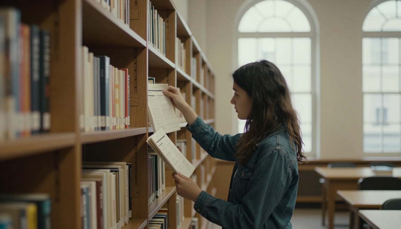 Young woman browsing a rack of printed policy reports in a library reading room