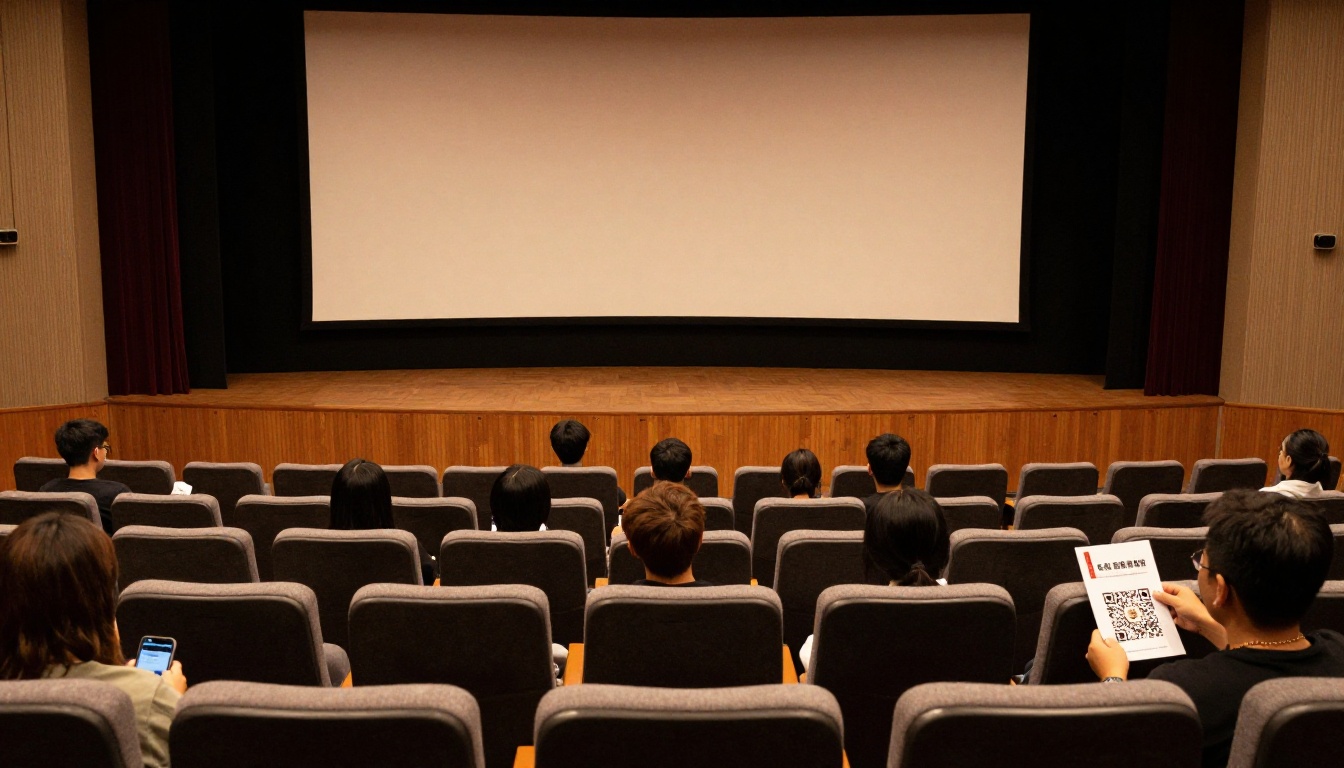 Attendees scanning a QR code on a printed program card in a lecture hall