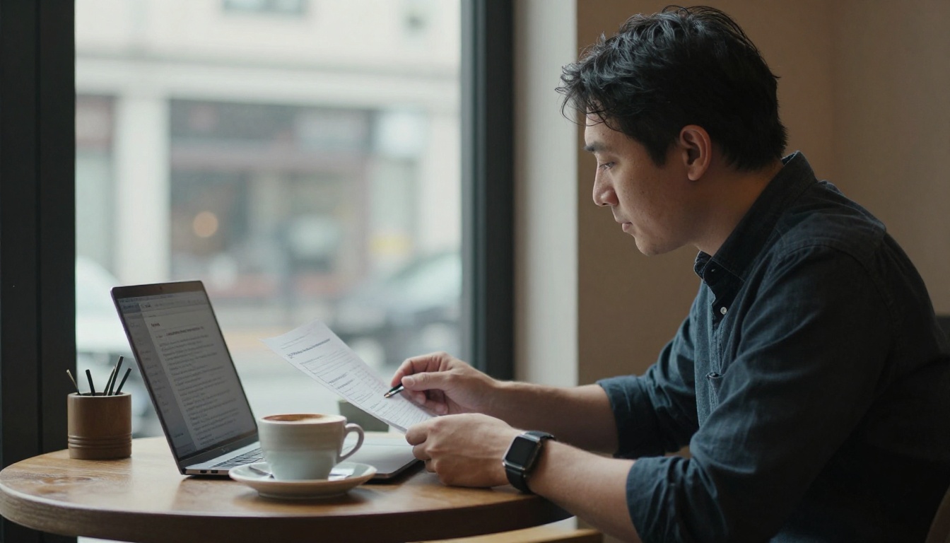 Communications director reviewing a shared brief on a laptop at a cafe table