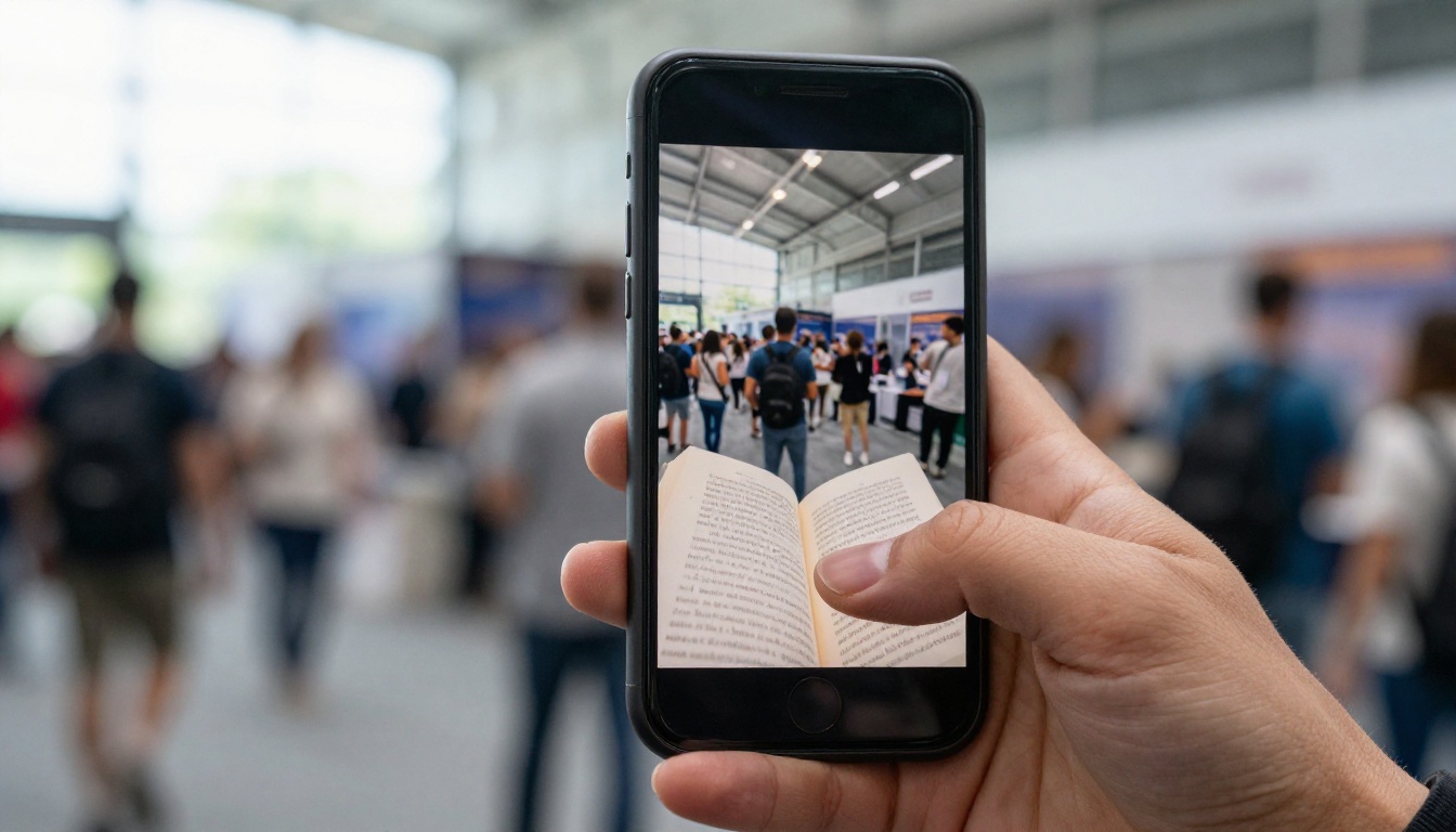 Hands swiping through a digital book on a smartphone in an exhibition hall
