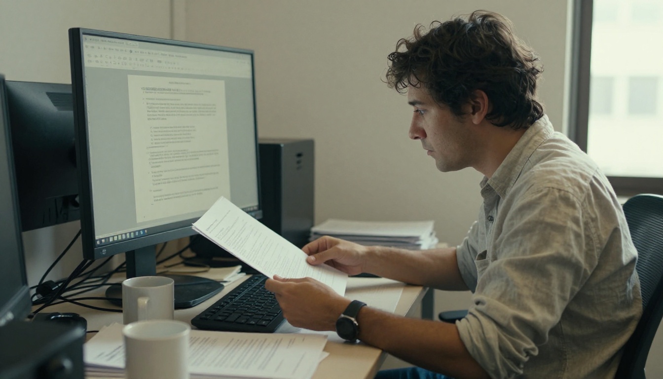 A conference organizer reviewing a PDF proceedings document at a desk