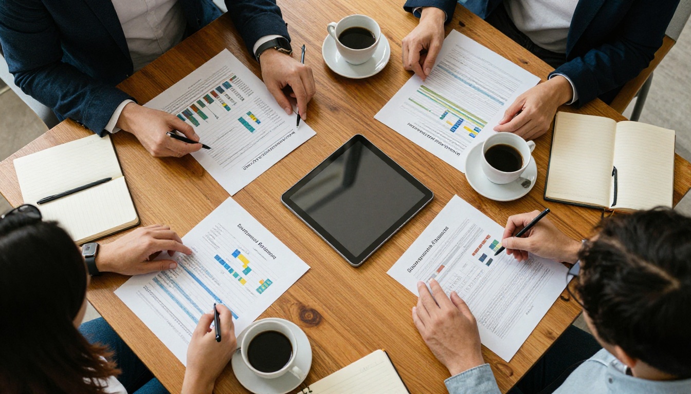 Customer success team reviewing retention data around a table
