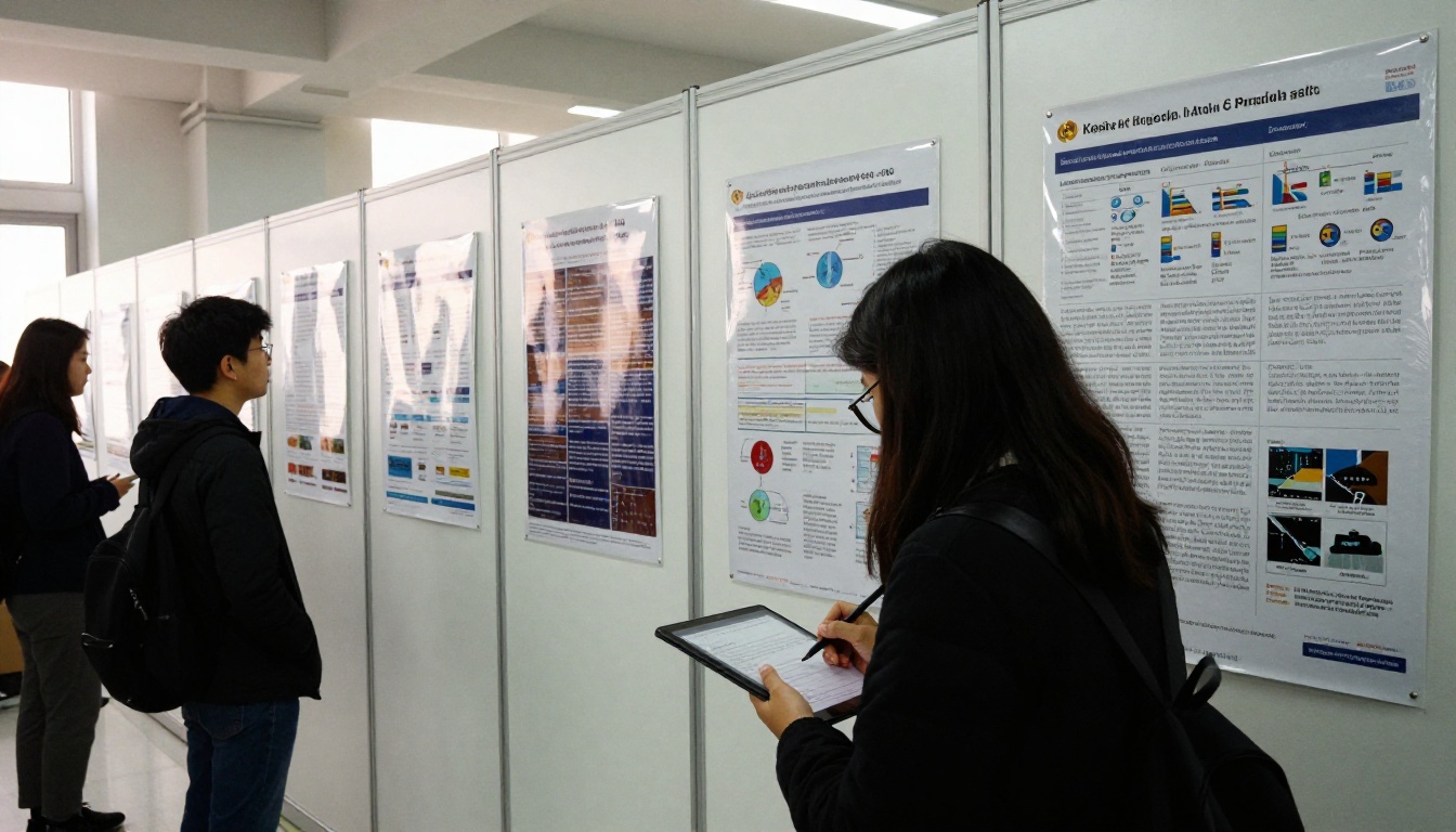 A poster session hall with researchers reading printed scientific posters