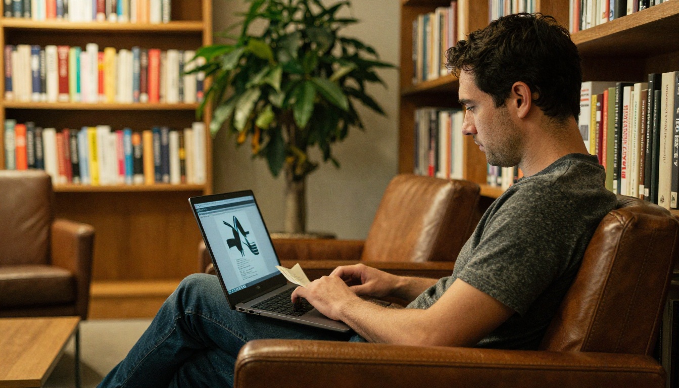 A man reading a digital abstract book on a laptop in a conference lounge