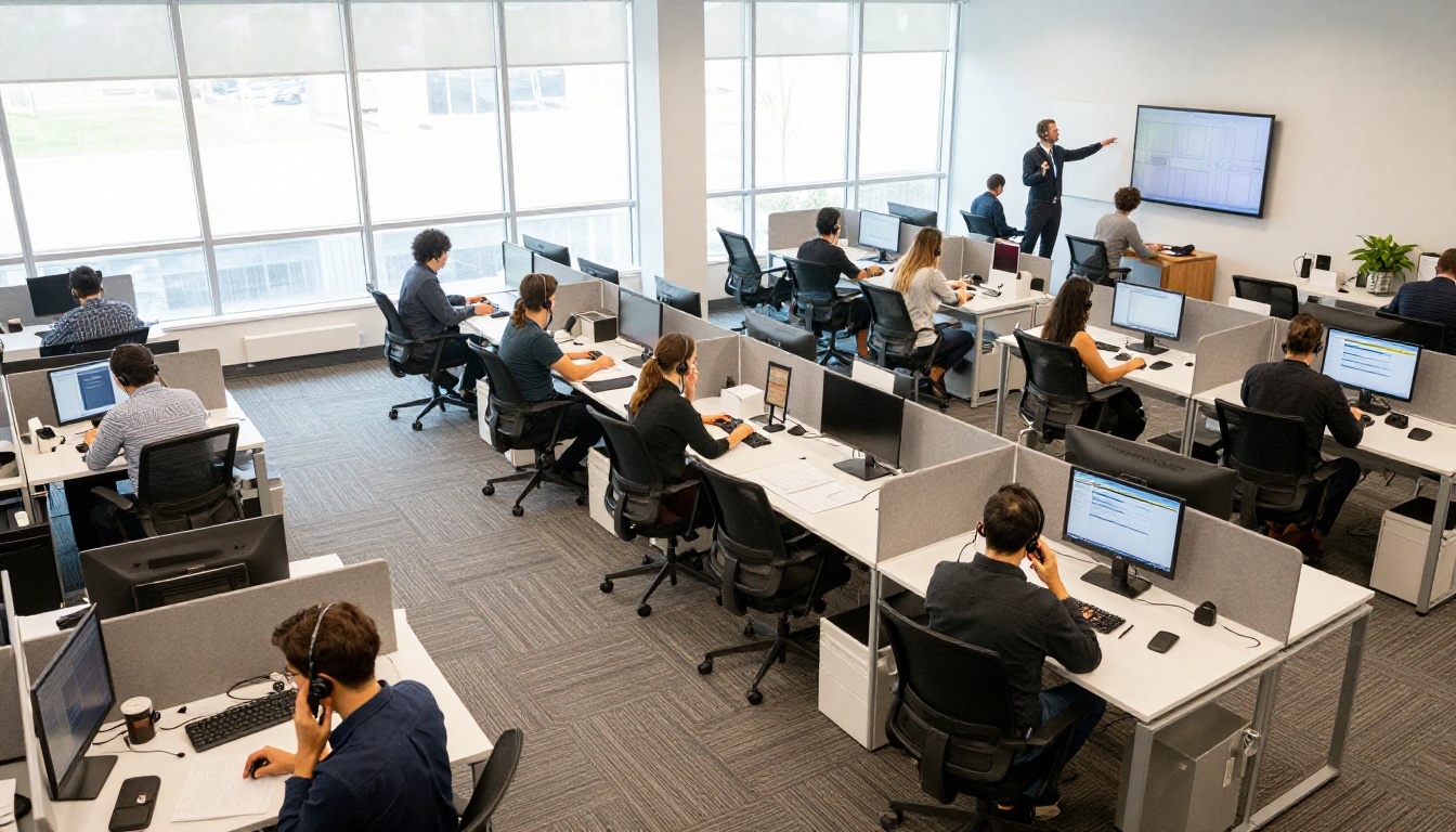 Open plan sales office with reps on calls and a manager at a monitor