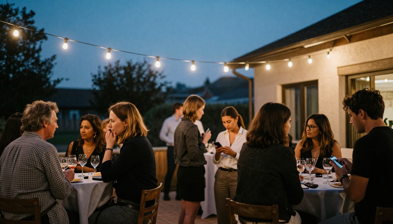 Attendees chatting on a terrace at a conference closing reception at dusk