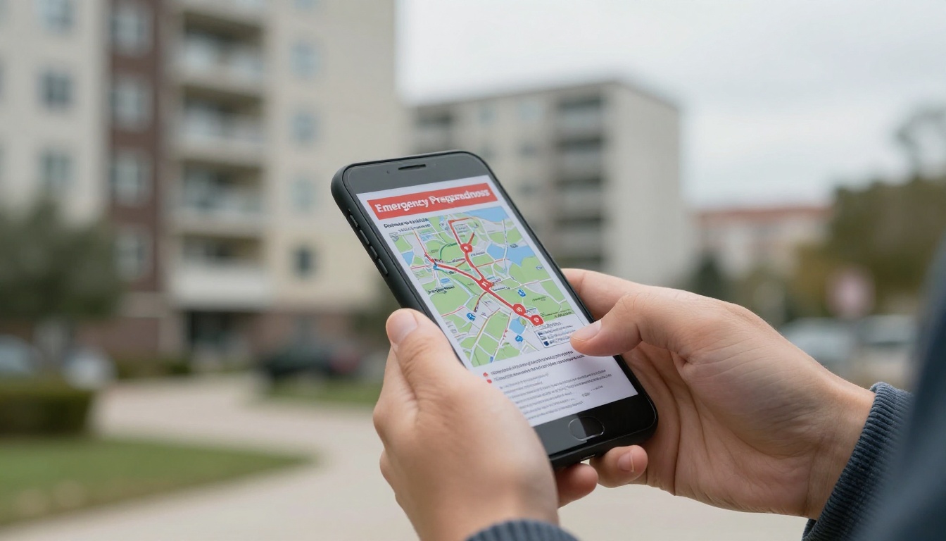 Resident reading an emergency booklet on a smartphone