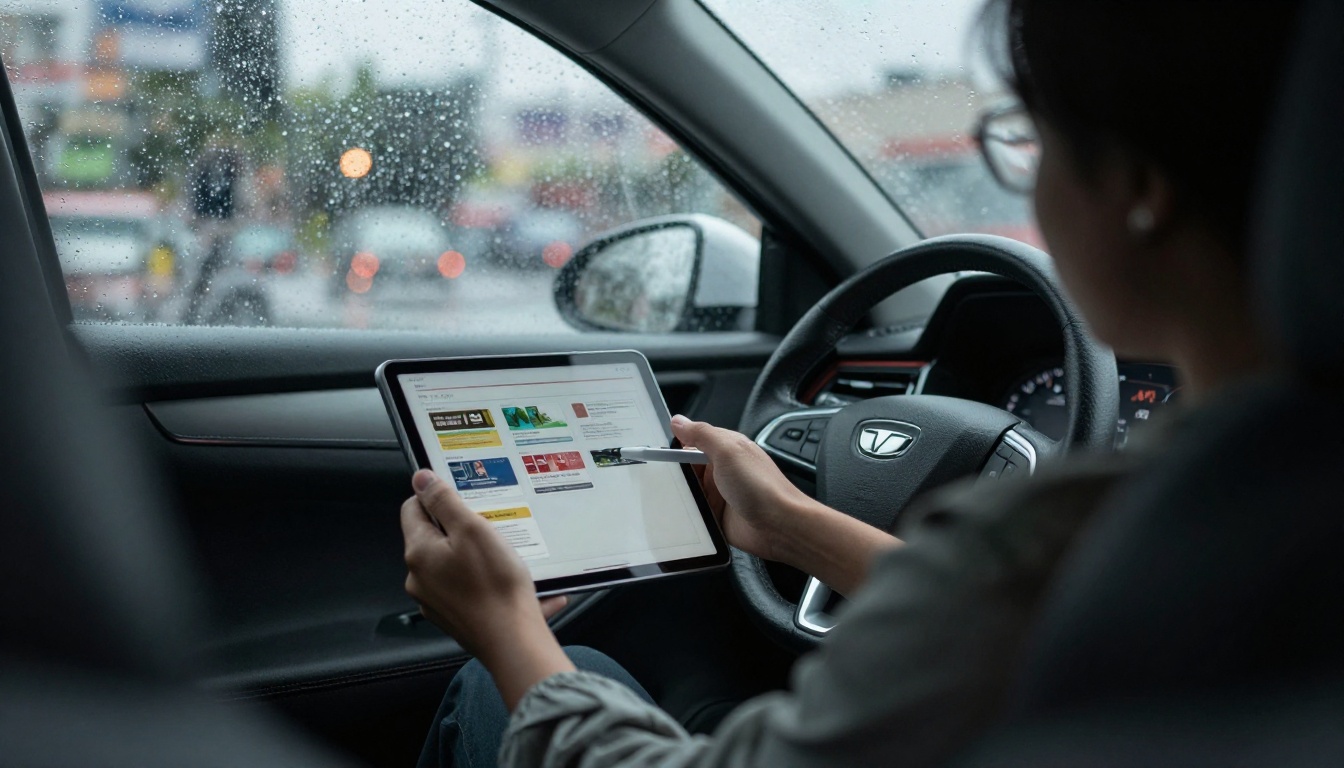 Rep reviewing a battle card on a tablet inside a parked car