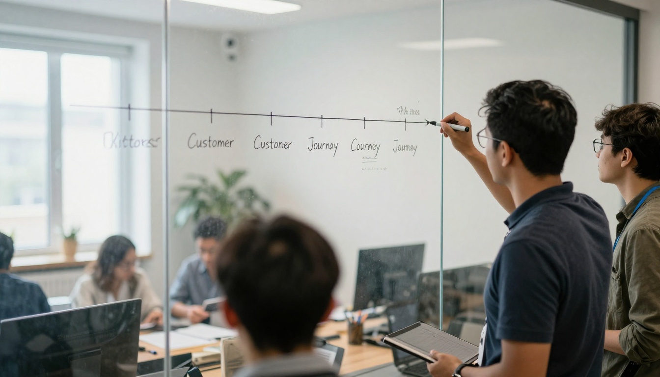 Team lead sketching a customer journey timeline on a glass wall