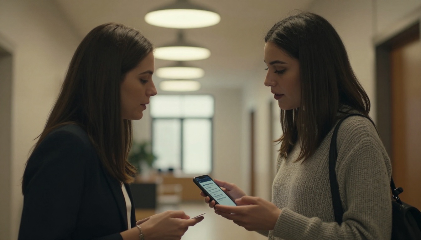 Two sales colleagues at a standing table, one showing an objection page on a phone