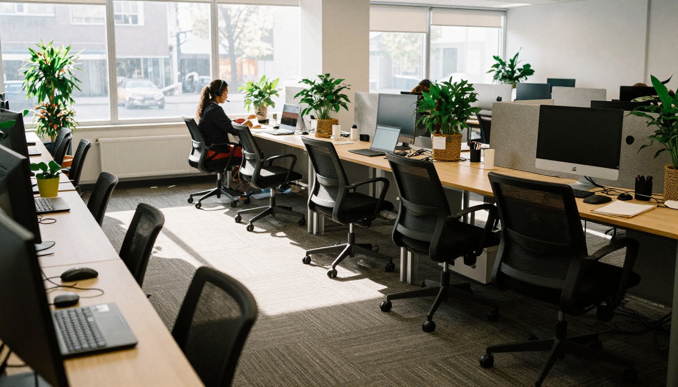 Wide view of a calm customer support floor