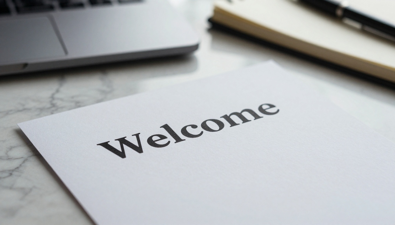 Macro view of a printed welcome card beside a laptop dashboard