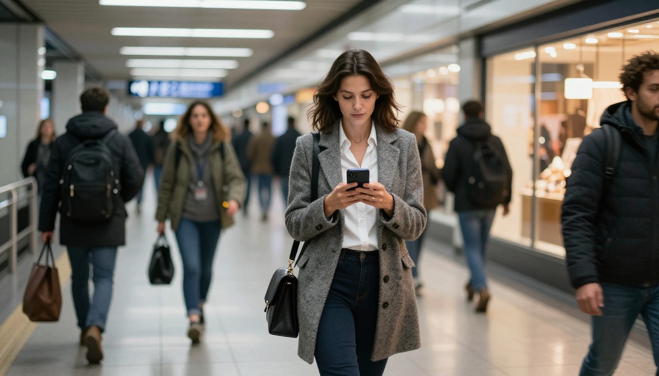 Woman walking through a train station while checking her phone