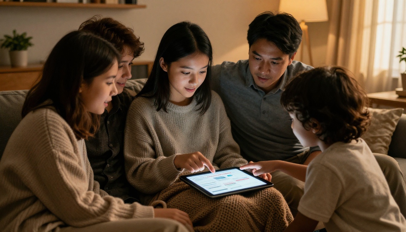 Family reading an emergency plan together on a tablet