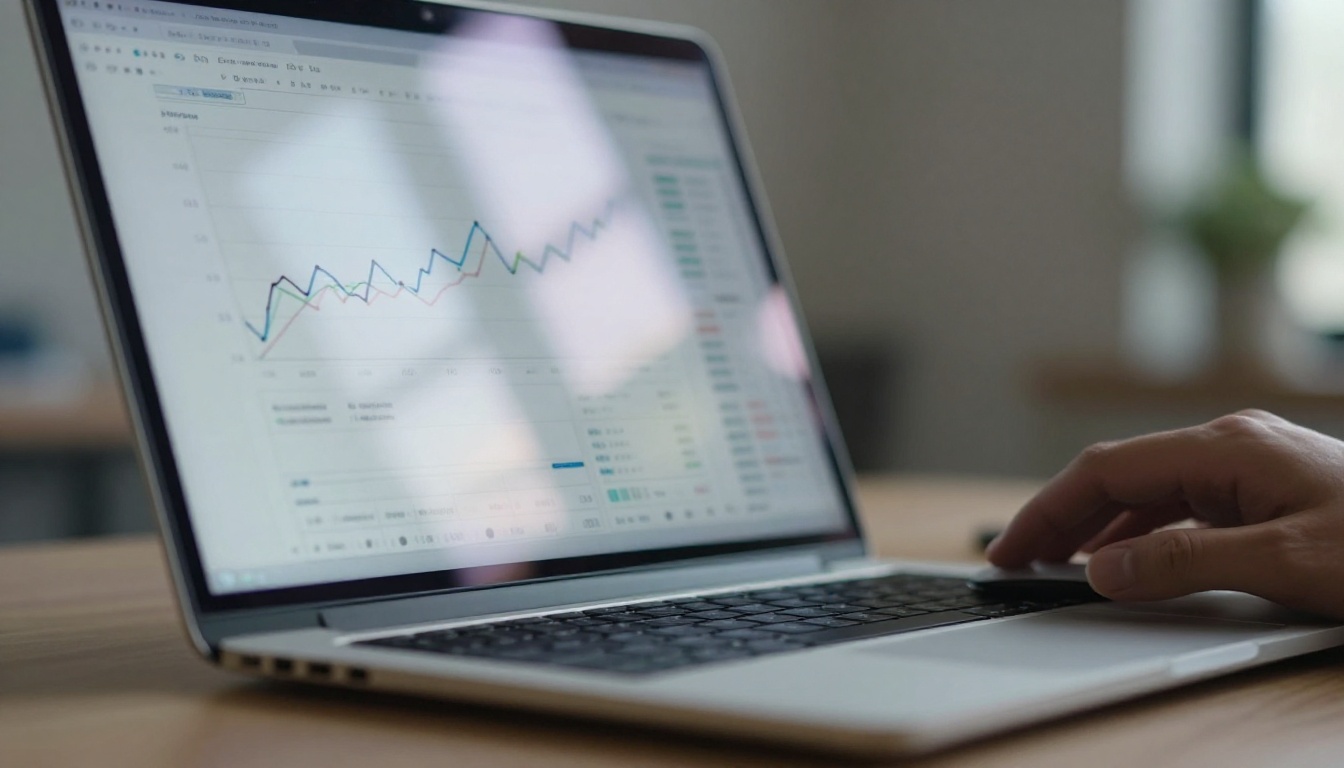 Laptop screen showing a blurred analytics dashboard with a line graph