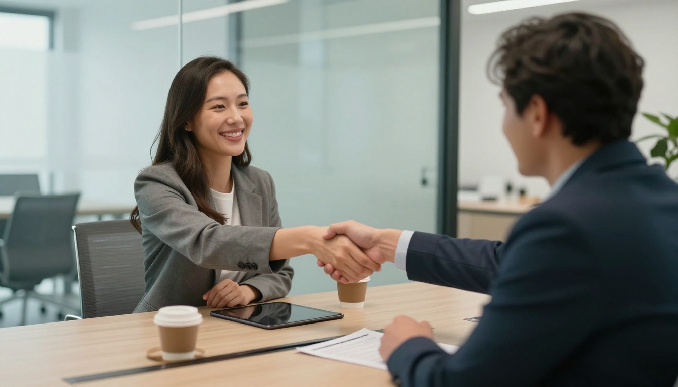 Two colleagues shaking hands over a renewed contract