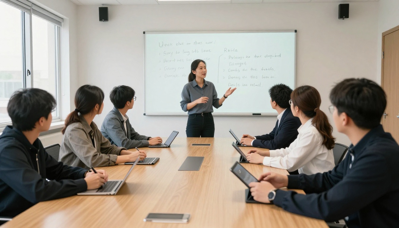 Sales training session around an oak table with trainer at a whiteboard