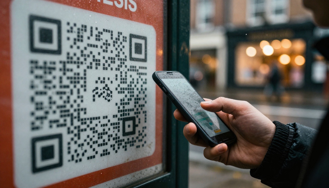 Person scanning a QR code at a bus shelter