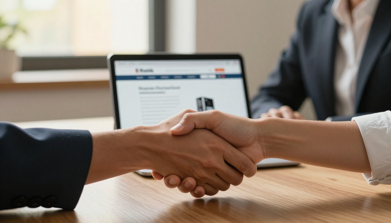 Handshake across a table with a tablet showing a product page between two people