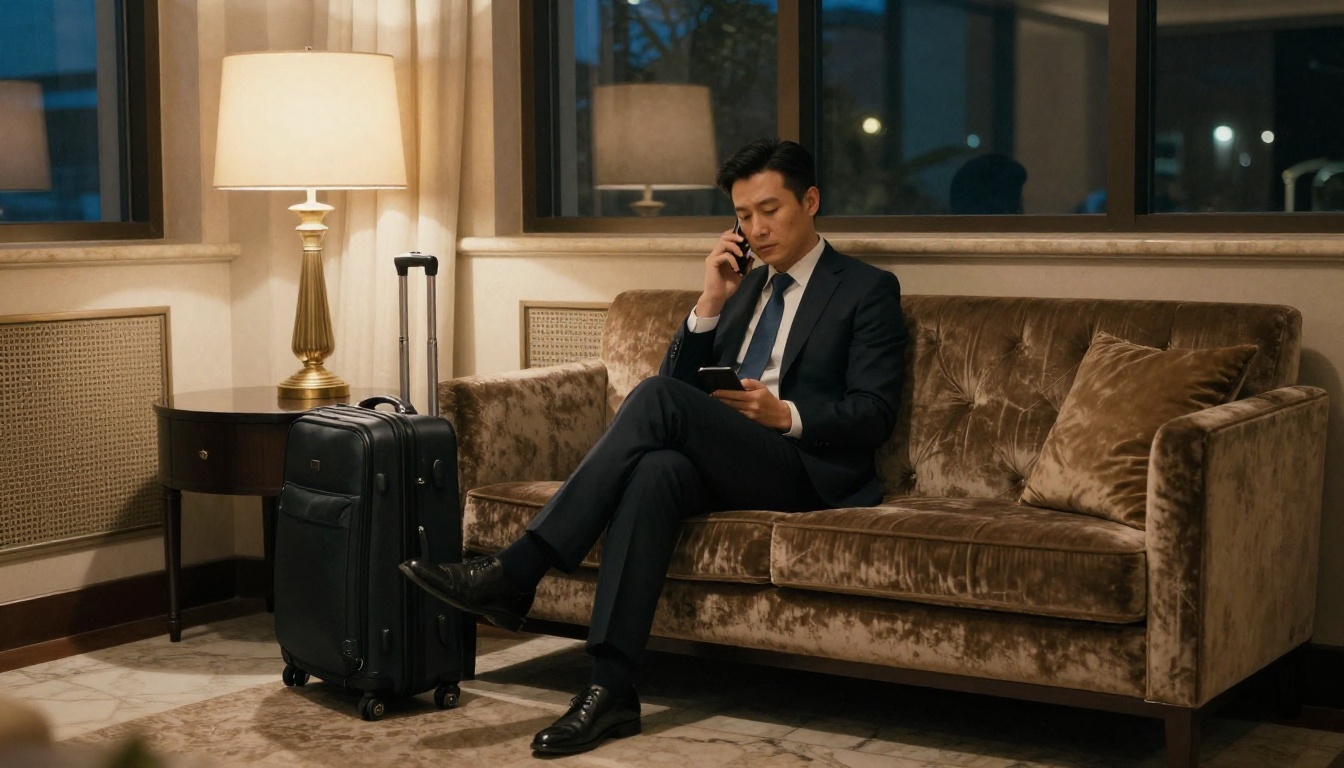 Sales rep on a hotel lobby sofa checking a phone before a meeting