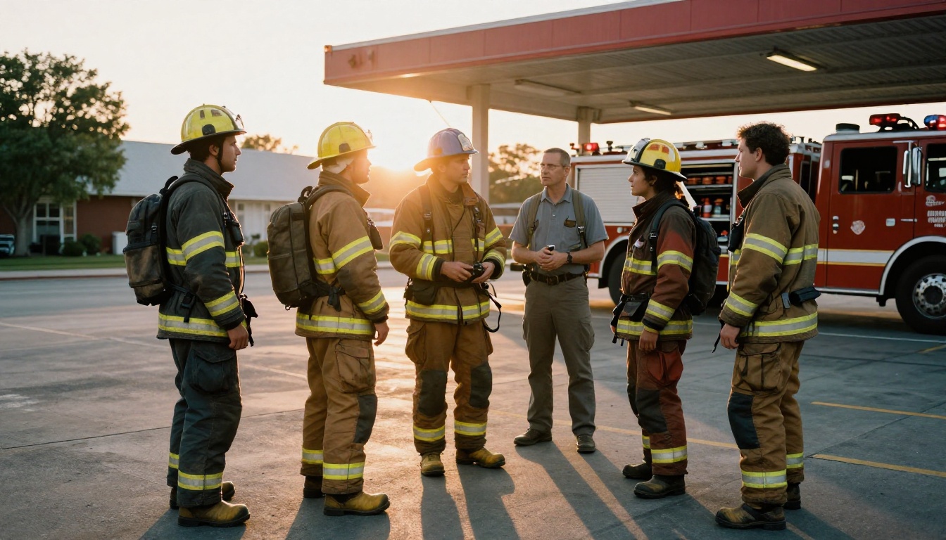 Firefighters and city staff talking with neighbors