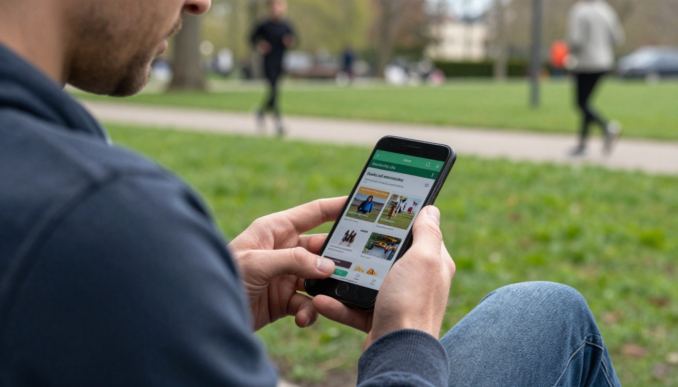 Man reading a digital parks brochure on his phone on a park bench